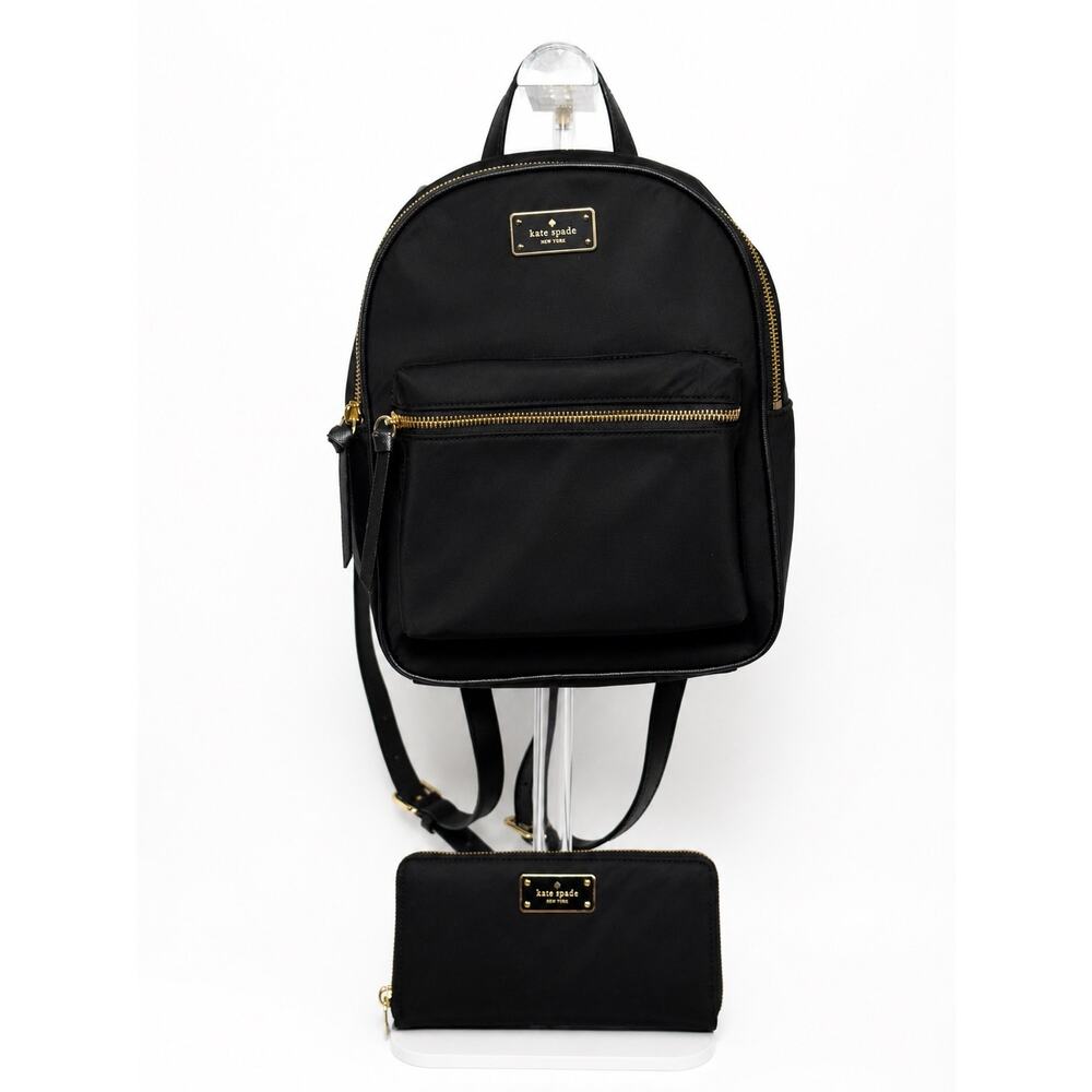 Kate Spade Nylon Backpack & Wallet Set Black Gold Zip WKRU4717